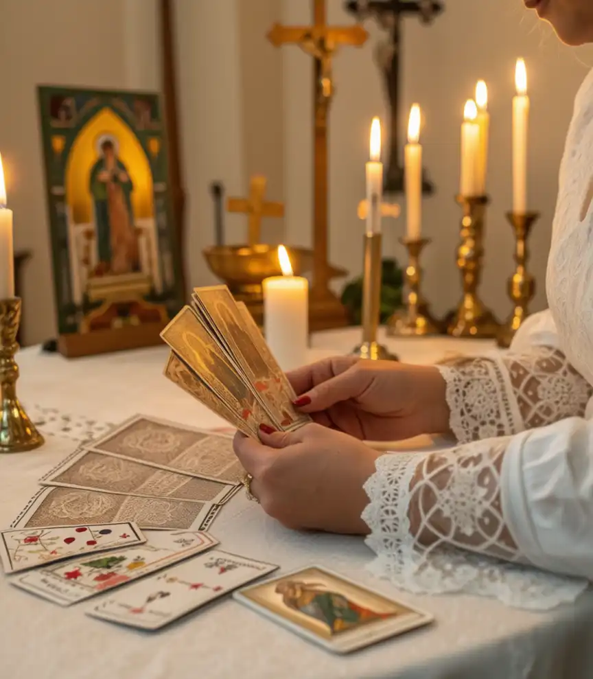 Гадалка Світлана проводит обряд отливания воском на картах Таро при свечах — эзотерический ритуал очищения и предсказания будущего